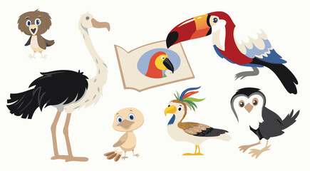 Naklejka premium Cartoon Bird Characters Vector Set | Cute Exotic Birds with Book Illustration