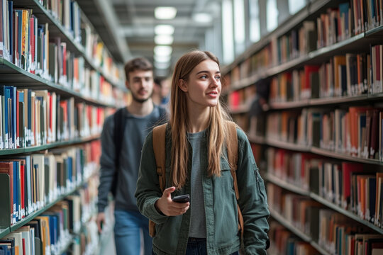 Young woman and man browsing books in library. She reaches for a novel, he flips through a magazine. Shelves filled with colorful titles surround them.