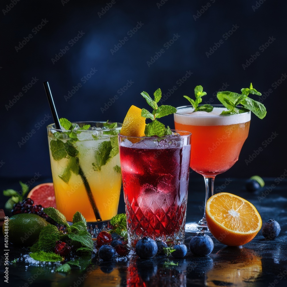 Aufkleber stylish arrangement of vibrant cocktails with citrus fruits on dark table backdrop creating an appet