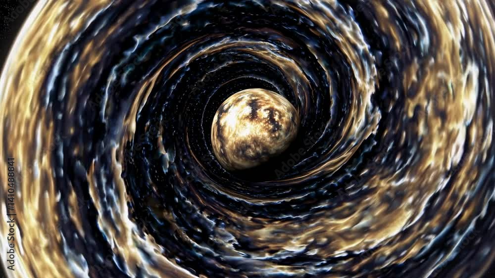 Poster a swirling cosmic vortex with a planet at its center, captured from a top-down angle, creating a dyn
