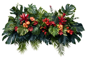 Lush tropical display. Green leaves and vibrant red and orange blossoms make a striking, exotic botanical arrangement