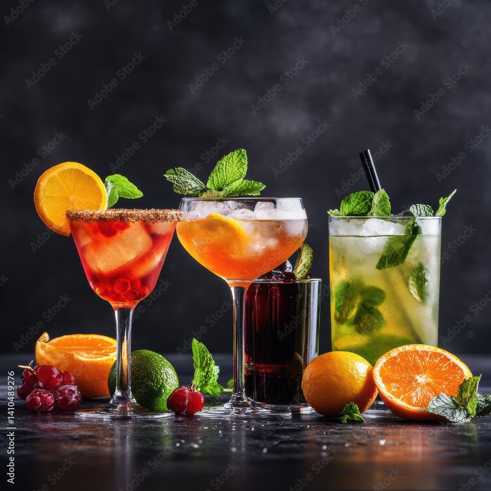 Aufkleber stylish cocktails with citrus fruits arranged on a table against a dark background for an elegant pr