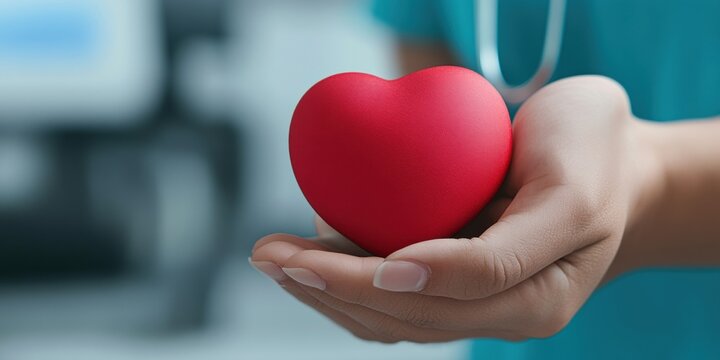 blood donation impression, hand tightly grips a heart-shaped red stress ball during blood donation, with nurse and equipment blurred in the background - Powered by Adobe