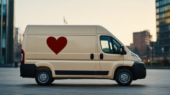 mobile blood drive, a mobile blood donation van featuring a prominent red heart emblem, captured in lovely natural light at a public event