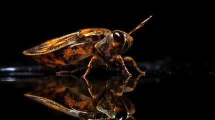Close Up of Brown Leaf hopper Insect with Reflection on Black Background