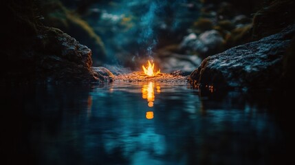 A small fire burns on rocks near tranquil waters edge