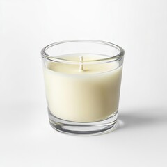 Creamy-white candle in a clear glass jar