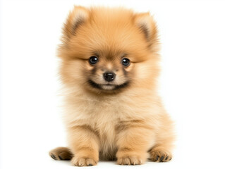 Fototapeta premium This is a cute, small, brown and white fluffy Pomeranian Spitz puppy, a pedigreed pet dog, sitting isolated in a studio portrait on a white background