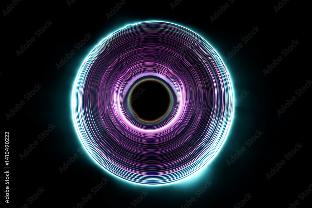 Poster abstract circular design with purple and cyan glowing lines, creating a vortex effect on black backg
