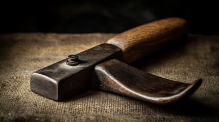 The antique cobbler tool rests upon a textured cloth surface