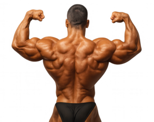 Bodybuilder flexing back muscles on transparent background