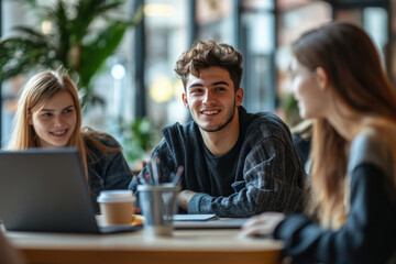 young people sit at a table in a cozy cafe, chatting and laughing over cups of steaming coffee.