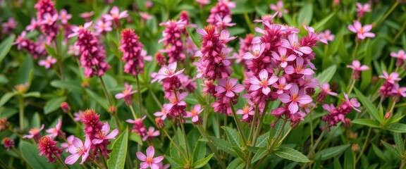 Obraz premium Vibrant pink wildflowers explode from lush green foliage, wild, wallpaper, nature