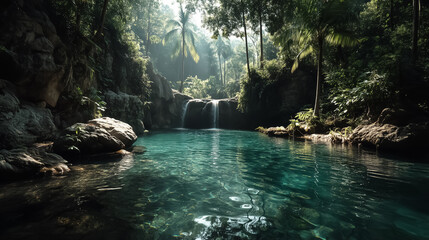 Fototapeta premium Hidden tropical waterfall surrounded by lush summer jungle, soft mist in sunlight, crystal clear water, peaceful and magical vibe