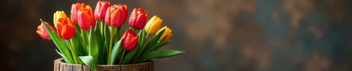 Naklejka premium Vibrant tulips burst from rustic wooden planter , wooden planter, container, garden