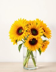 Obraz premium Vibrant yellow sunflowers in a clear glass vase, garden-fresh blooms, joyful, bright, field flowers