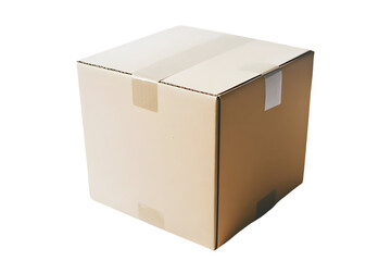 Simple shot of cardboard box. Tan with taped closures. Packaging element, cube. Isolated with soft shadows