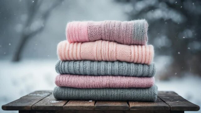 Pile of knitted sweaters on wooden surface