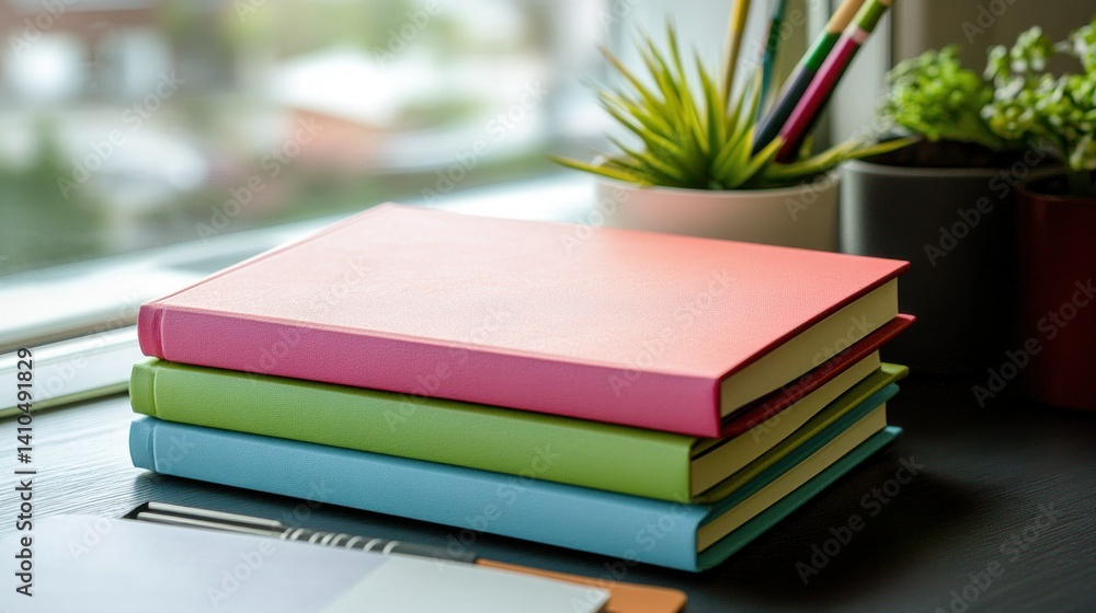 Poster a stack of colorful notebooks with various items around them