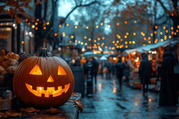 Gleaming carved pumpkin with a spooky face, illuminated by a flickering candle inside, set against a dark background.