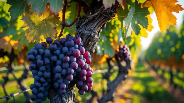 Vineyards with autumnal green and yellow foliage.