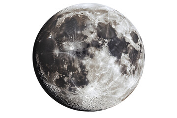 Detailed view of the moon. Craters and gray lunar surface visible, against a transparent background. Bright light reflecting