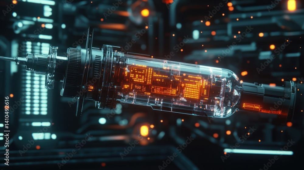 Poster a futuristic technological syringe containing advanced circuitry inside itself