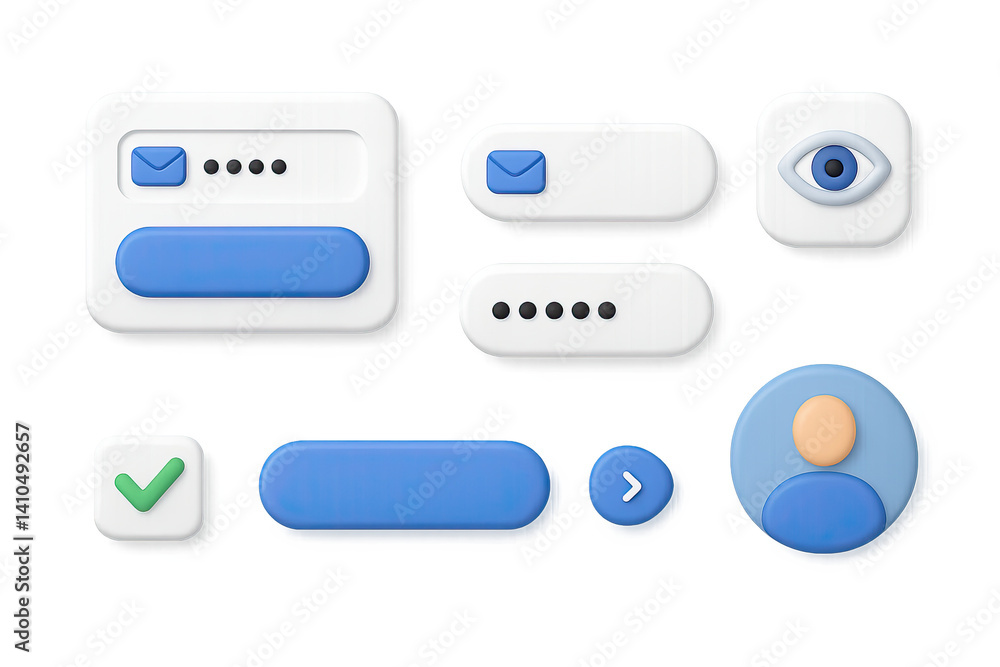 Poster 3d icon set of login interface elements: login form, email input, password field, show password icon