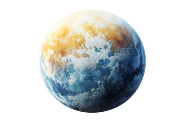 Planet view shows blue oceans, tan land masses, white cloud-like coverage in space