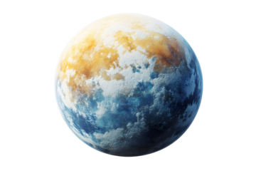 Planet view shows blue oceans, tan land masses, white cloud-like coverage in space