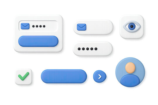 3D icon set of login interface elements: login form, email input, password field, show password icon, remember me checkbox, login button, forgot password link, profile avatar. 3d icon. icons set of