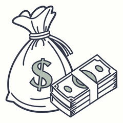Money bag and stacked cash illustrating wealth concept  
