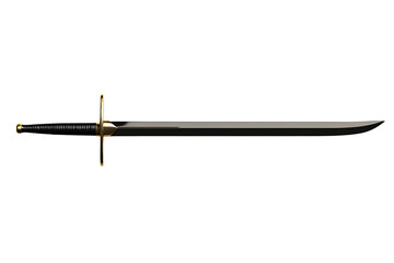 Sleek, black sword with golden hilt on a transparent background. Polished metal reflects light, creating shine