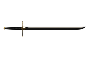 Sleek, black sword with golden hilt on a transparent background. Polished metal reflects light, creating shine