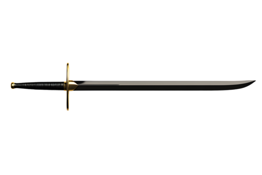 Sleek, black sword with golden hilt on a transparent background. Polished metal reflects light, creating shine