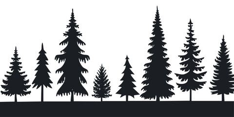 Fototapeta premium set of silhouettes of various conifer trees create a forest scene in black and white vector design