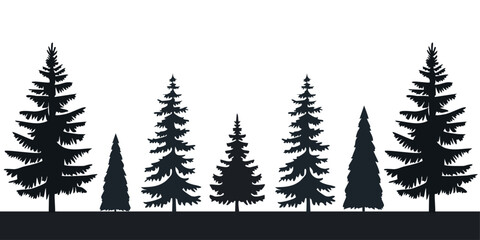 Obraz premium set of silhouettes of various conifer trees create a forest scene in black and white vector design