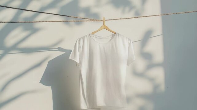 White t shirt mockup hanging on clothesline, casting soft shadow highlighting minimalist clothing design presentation