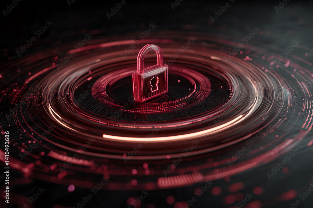 Poster red glowing padlock on dark circular platform, showcasing digital security concept. abstract design,