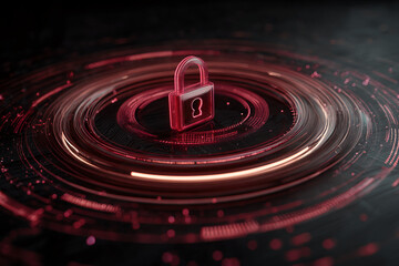 Red glowing padlock on dark circular platform, showcasing digital security concept.  Abstract design, ideal for technology or cybersecurity projects. Free space for text