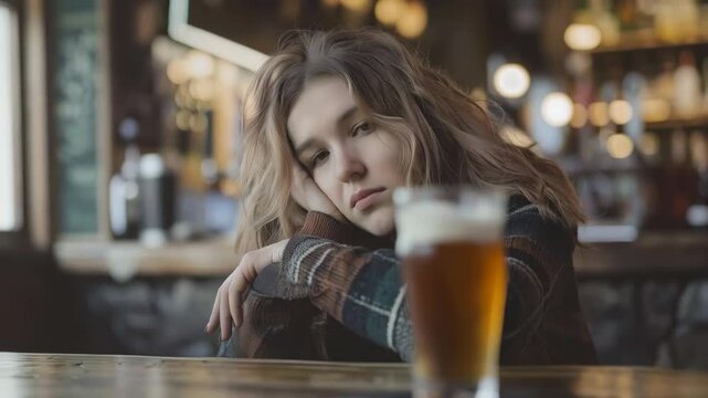 Blond woman experiencing deep emotional distress while sitting alone at dimly lit pub bar, drinking beer with pensive, worried expression reflecting inner turmoil