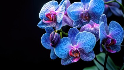 Vibrant blue orchids cluster against a dark background, showcasing intricate details and subtle color variations