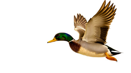 Obraz premium A duck flying through the air with its wings spread