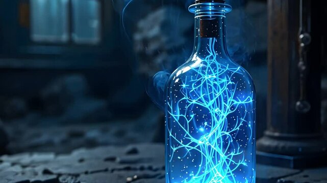 Blue glowing potion bottle magic elixir science fantasy liquid laboratory glass container experiment light
