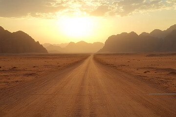 Desert road stretching into a golden sunset with mountains in the distance.