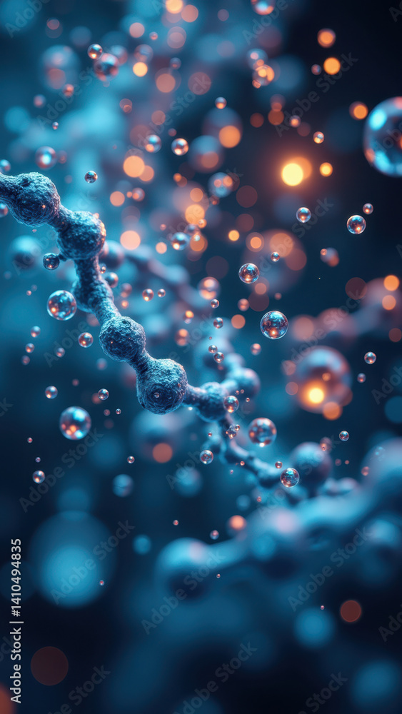 Poster illustration of a glp-1 molecule with floating bubbles and blue particles, emphasizing its scientifi