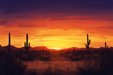 Desert sunset landscape with silhouettes of cacti. Vivid orange and purple hues paint the sky over a desert landscape.  Silhouette cactus plants stand tall against the warm sunset glow.