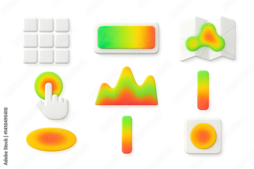 Poster 3d icon set of user analytics: profile stats, retention chart, user growth, device usage pie, demogr