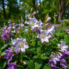 Delicate campanula blossoms nestled amongst lush green foliage and trees, blue, peaceful