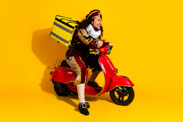 Colorful portrayal of a nobleman delivering packages on a red scooter